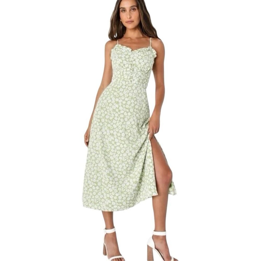Lulus Lush Floral Dress Size Large Spring Green and Off White Spaghetti Straps